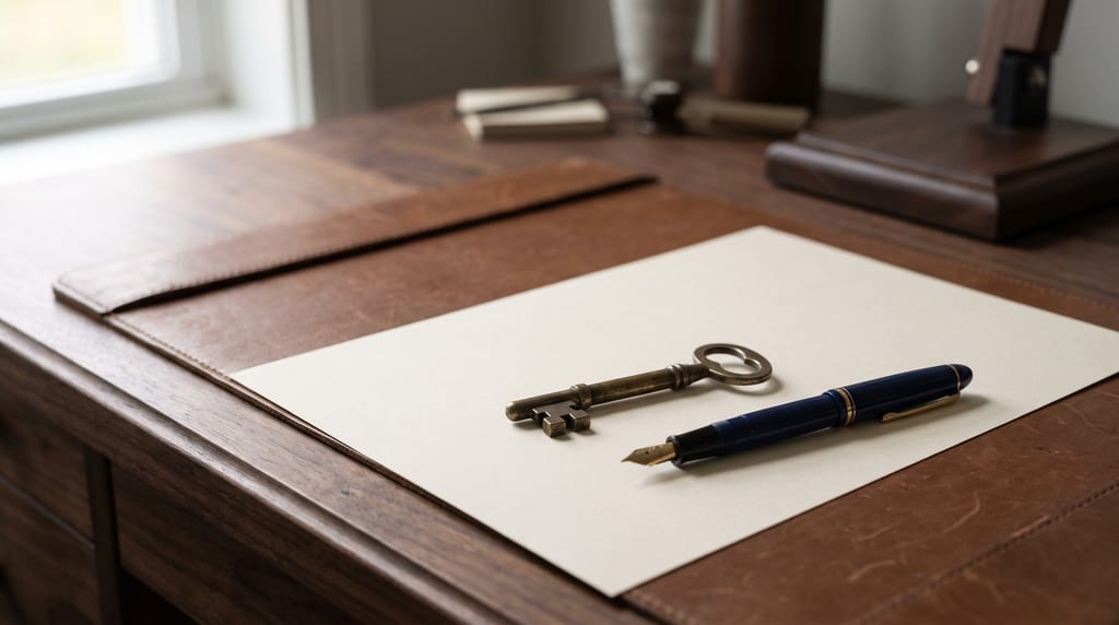 An old brass key and a navy fountain pen lying side by side on a sheet of blank cream paper on a leather desk pad, a window behind.