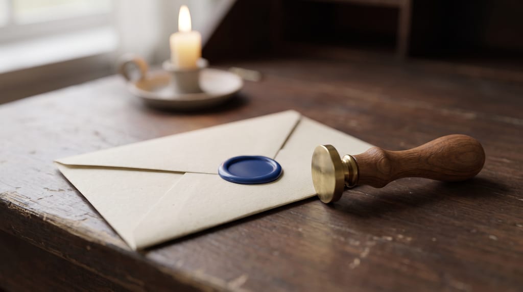 A cream envelope closed with a plain blue wax seal on a dark wooden desk, a brass seal stamp with a wooden handle beside it and a candle behind.