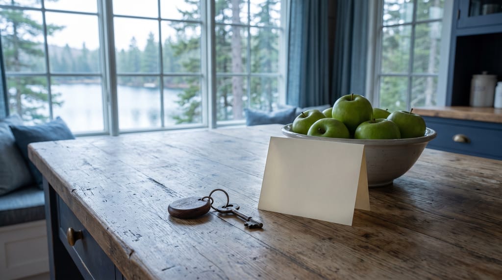 A key on a round wooden fob and a folded blank card on a cabin's wooden kitchen island beside a bowl of green apples, windows onto a lake and pines.