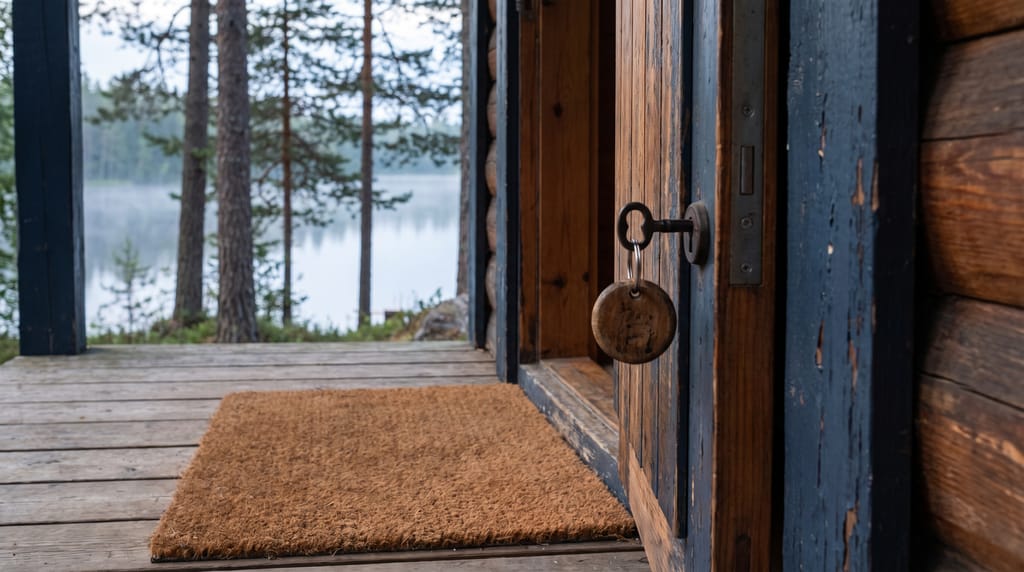 A log cabin's front door standing open onto a porch, a key on a wooden fob in the lock and a plain doormat, pines and a lake beyond.
