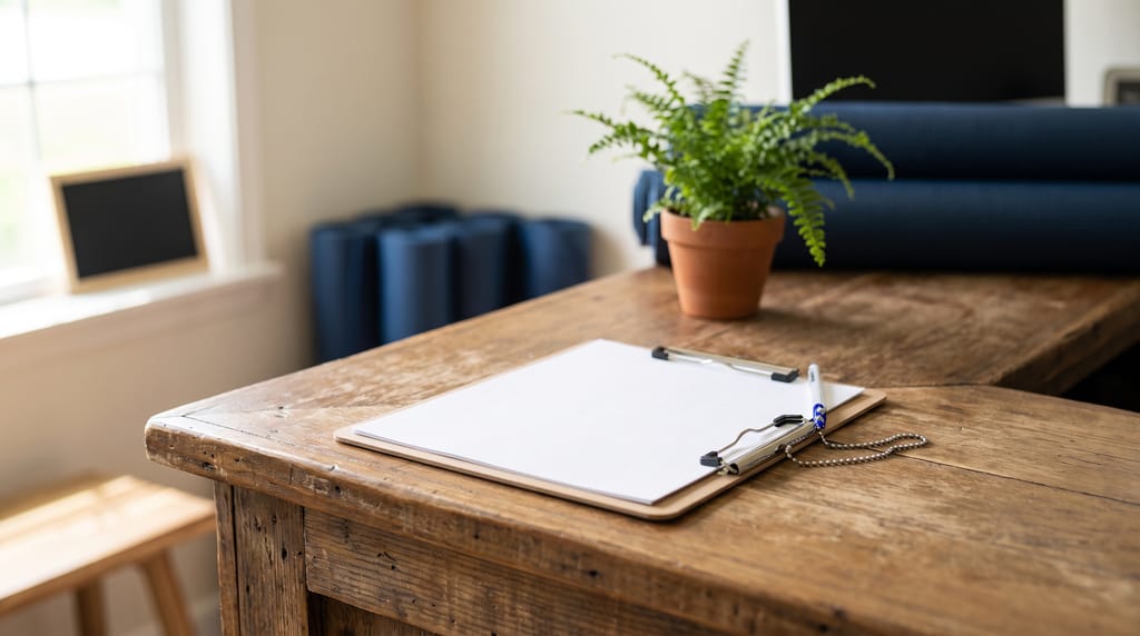 A clipboard with a blank form and a pen on a bead chain on a studio's wooden front desk, a fern in a pot and rolled navy mats behind.
