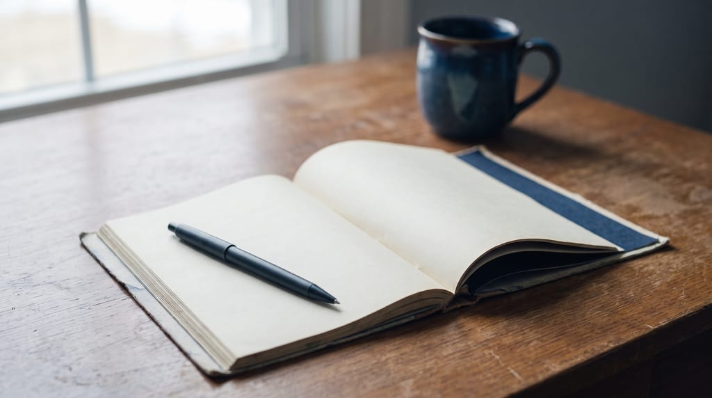 An open notebook with blank pages and a pen across it on a wooden desk, a navy mug behind.