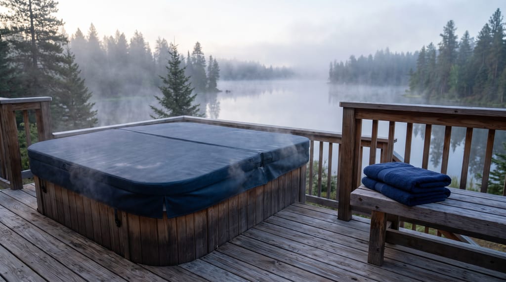 A covered hot tub steaming a little on a cabin deck at dawn, folded navy towels on a bench beside it, mist over a lake and pines.