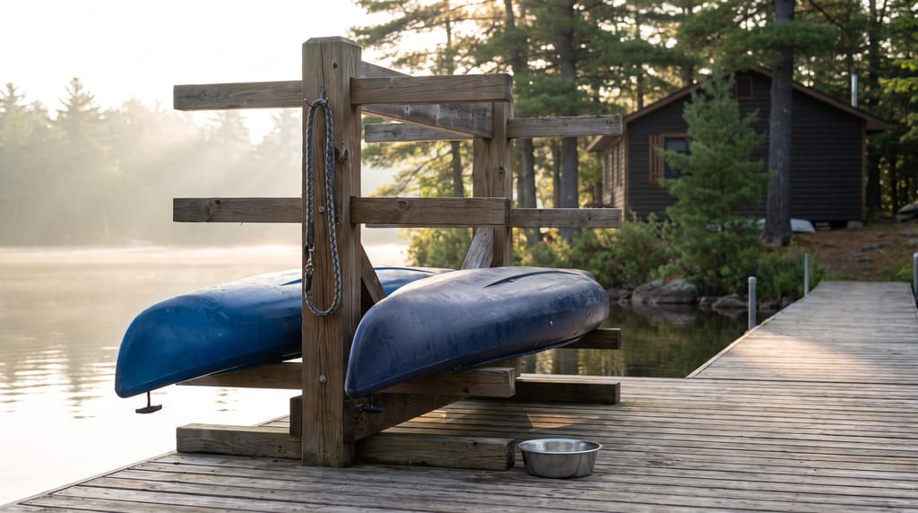 Two blue kayaks on a wooden rack on a cabin's private dock, a steel dog bowl on the planks, a cabin among pines behind.
