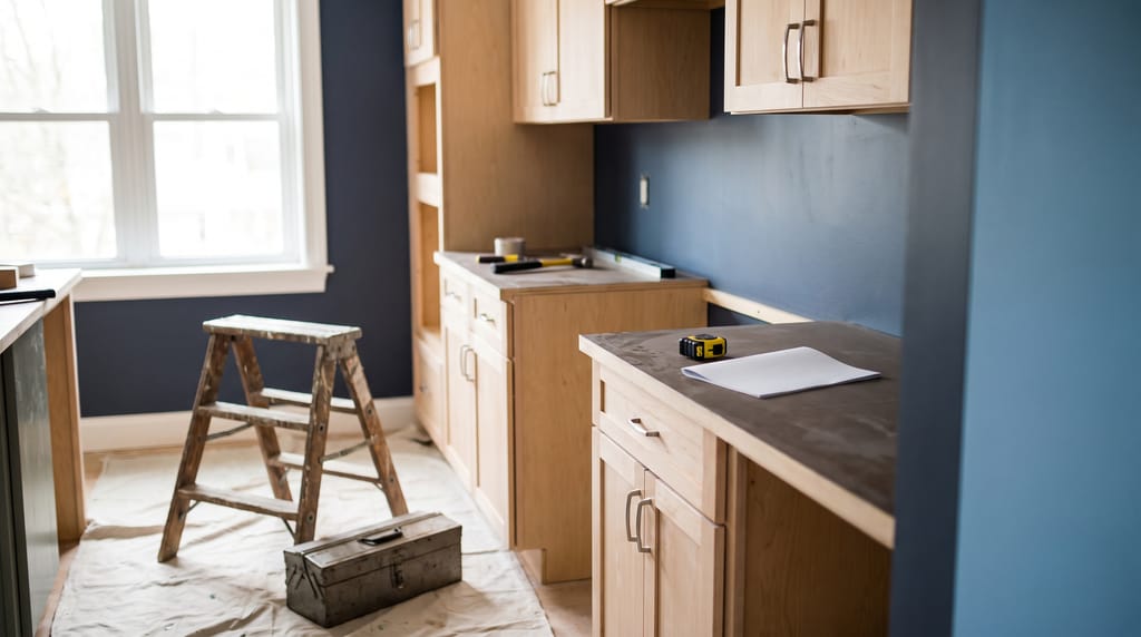 A kitchen being fitted: new pale wood cabinets, a bare countertop holding a tape measure and a blank sheet of paper, a stepladder and a toolbox on a dust sheet, a window with no curtains.