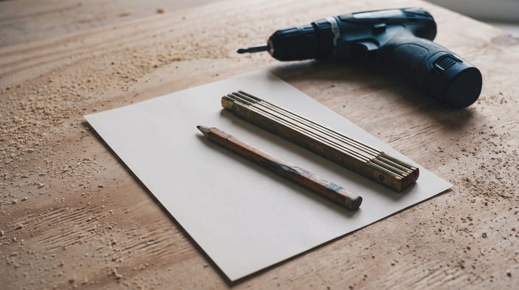 A carpenter's pencil and a folding rule on a blank sheet of paper on plywood scattered with sawdust, a cordless drill behind.