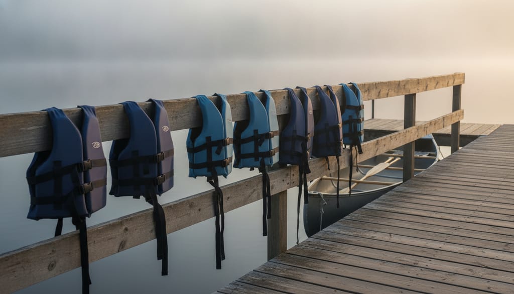 A rack of buoyancy aids in child and adult sizes hanging on a wooden dock rail beside canoes, with mist on the lake behind.