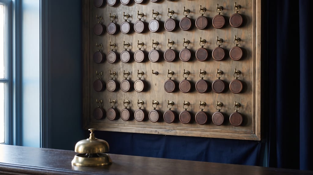 Rows of keys on round wooden fobs hanging from brass hooks on a pegboard behind a club's front desk, one hook empty, a brass bell on the counter.