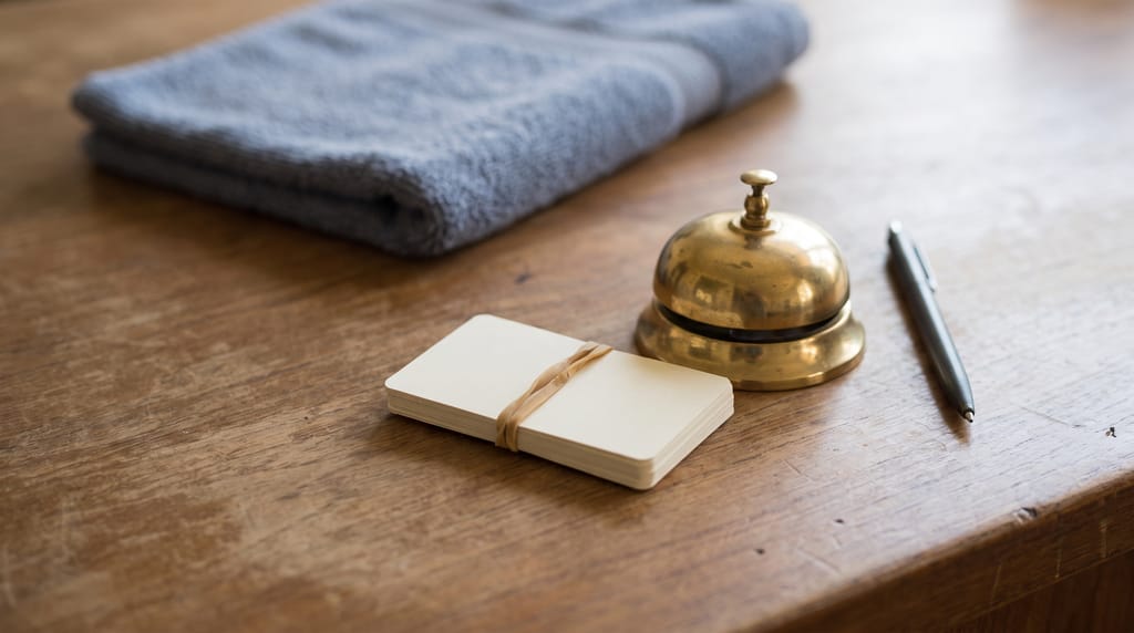 A stack of blank cream cards held with a band beside a brass desk bell and a pen on a wooden counter, a folded grey towel behind.