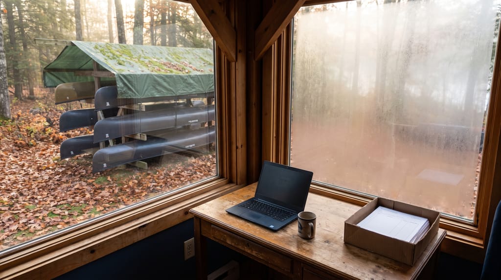A timber outfitter's office in autumn: a laptop with a dark screen, a mug and an open box of blank paper forms on a desk by a misted window, canoes stacked on a rack under a green tarp outside among fallen leaves.