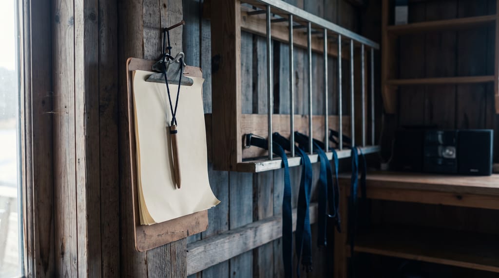 A clipboard of curled blank sheets hanging from a nail on a timber wall, a pen on a cord, an empty rack with navy straps beside it.