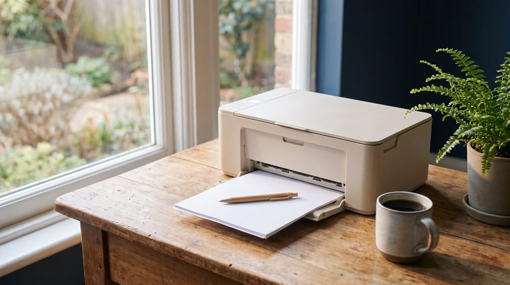 A plain printer on a wooden desk by a window with blank sheets in its tray and a pencil on top, a mug of coffee and a fern beside it.
