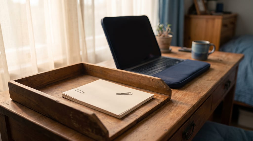 A wooden letter tray holding blank paper with paperclips on a desk by a curtained window, a laptop with a dark screen and a mug behind.