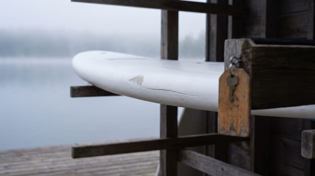 A white paddleboard with a scuff and a scratch along its rail resting on a wooden rack, a key on a wooden tag hanging beside it, mist over a lake behind.