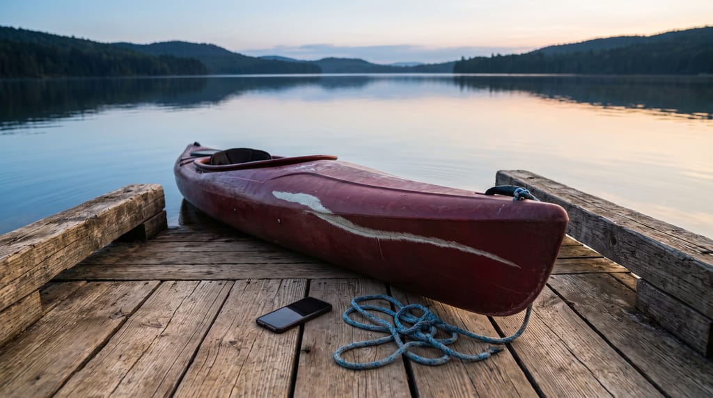 A red kayak with a long pale scrape along its hull on a wooden dock, a phone with a dark screen and a coiled blue line on the planks, a lake at dawn behind.