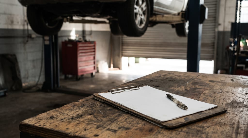 A clipboard with a blank sheet and a pen on a worn workbench; behind it, in a repair workshop, a car raised on a lift, a red tool chest and an open roller door.
