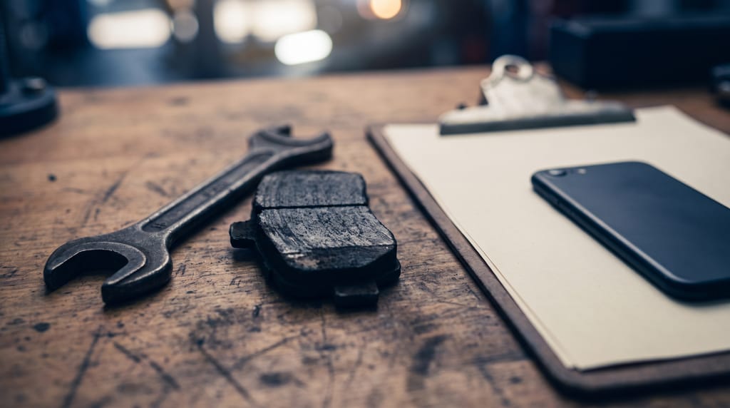A wrench and a worn brake pad on a workbench beside a clipboard with a phone lying on it, its screen dark.