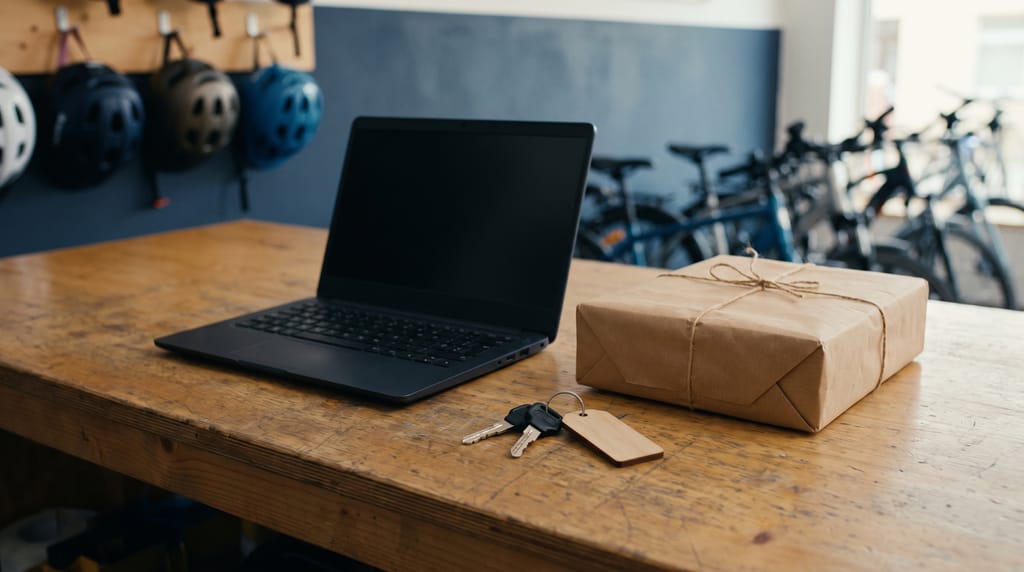 A bicycle rental shop's counter with a laptop showing a dark screen, a kraft paper parcel tied with twine and keys on a blank wooden tag, helmets on hooks and bicycles behind.