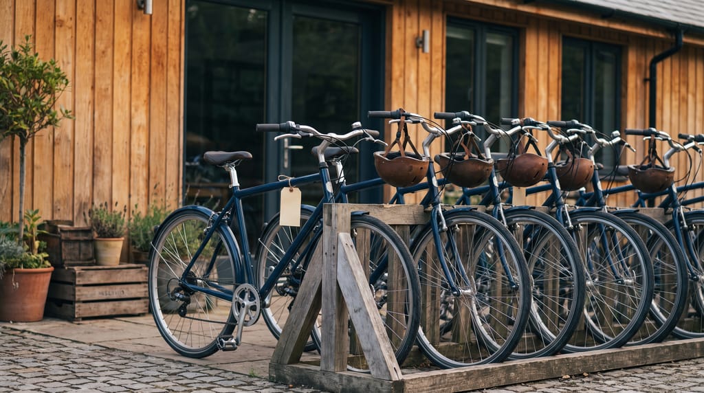 A row of navy rental bicycles in a wooden rack outside a timber shop, helmets hanging from their handlebars, a blank tag tied to the first bike.