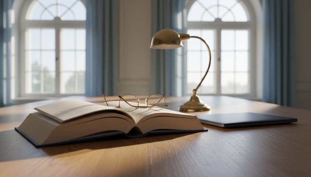 A heavy bound volume lying open on a wide oak table beside a closed laptop, reading glasses folded on the page, an unlit brass desk lamp, tall windows behind.