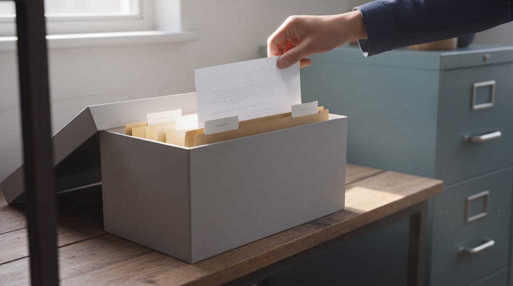 An open gray archive box of folders on a wooden shelf in a small office, a hand lifting one page half out, a filing cabinet soft behind, light from a high window.