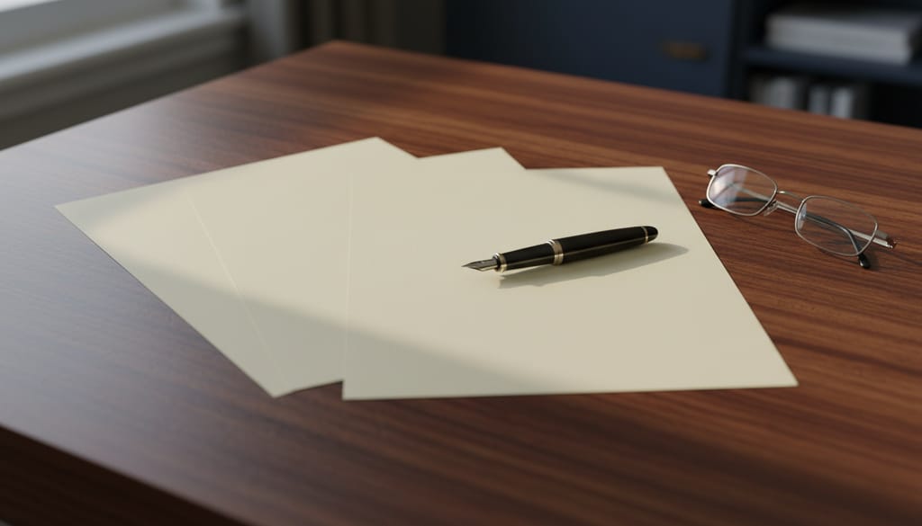 Three blank sheets of cream paper fanned across a dark wooden desk so their edges overlap, a fountain pen resting across the middle one, folded glasses to one side.