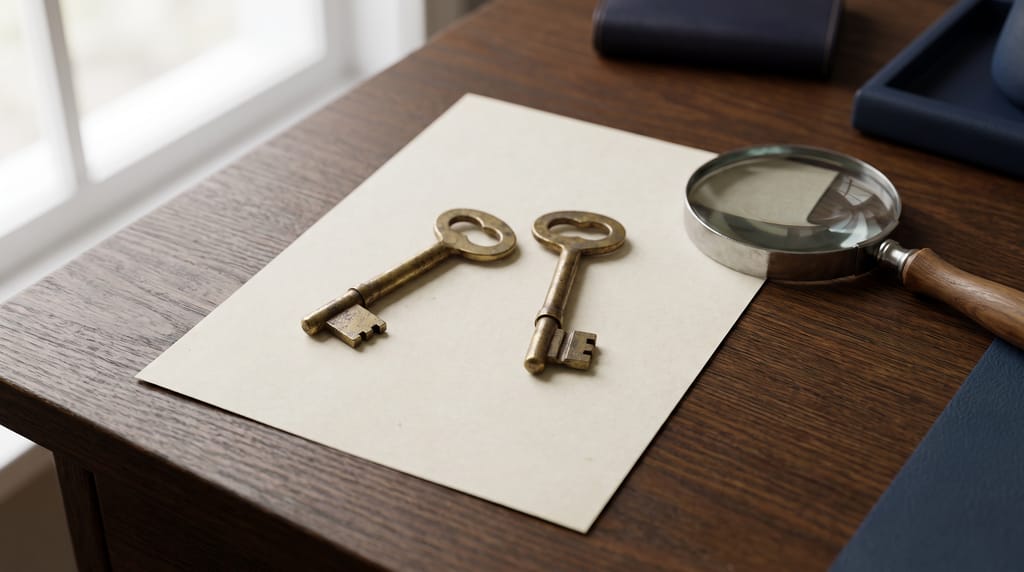 Two nearly identical brass keys side by side on a sheet of blank cream paper on a dark desk, a magnifying glass beside them.