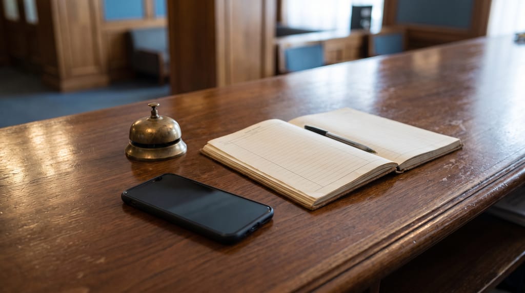 A brass service bell, a guest register open at blank ruled pages with a pen across it, and a phone with a dark screen on a polished wooden front desk.