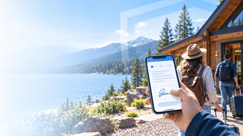 A hand holding a phone showing a document and a signature, outside a timber lakeside cabin, with two guests walking to the door with luggage.