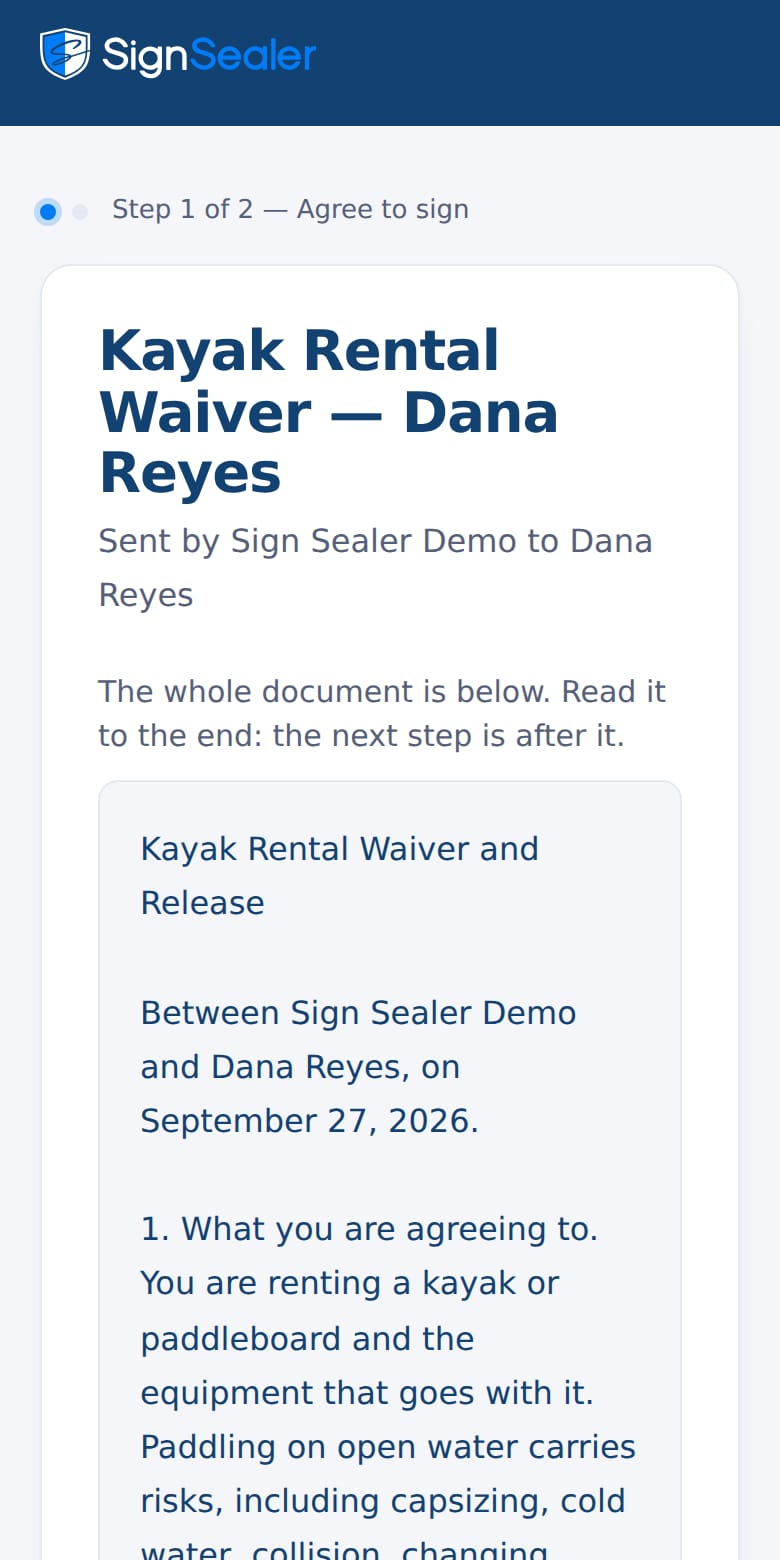 The kayak waiver on a phone, the whole document shown before anything is agreed.