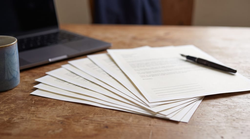 A loose stack of printed pages fanned across a wooden desk so the type reads as gray texture, two blank ruled signature lines at the foot of the top sheet, a closed laptop and a pen beside them.