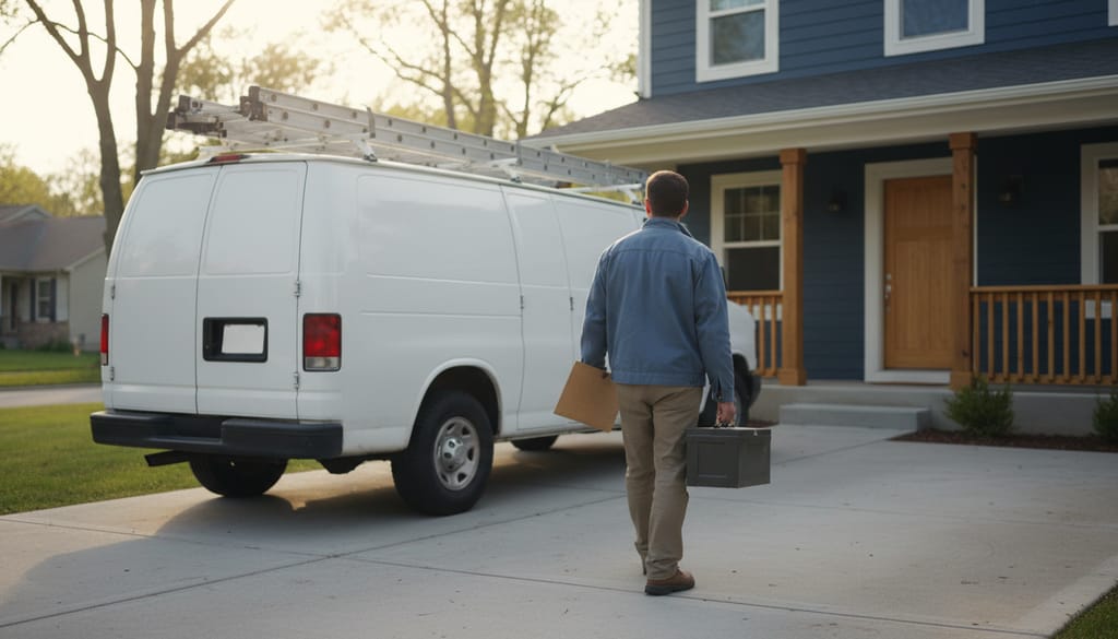 A white work van with a ladder on its roof parked in a suburban driveway, a contractor carrying a toolbox toward the front door.