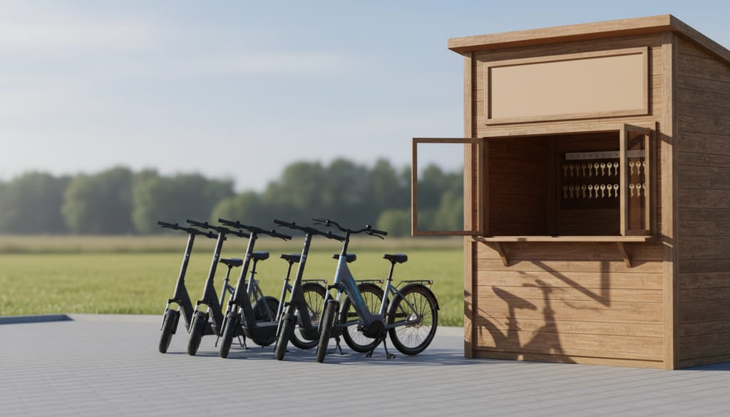 A row of electric scooters and e-bikes lined up on a paved yard beside a wooden rental kiosk with keys on hooks inside its open window.