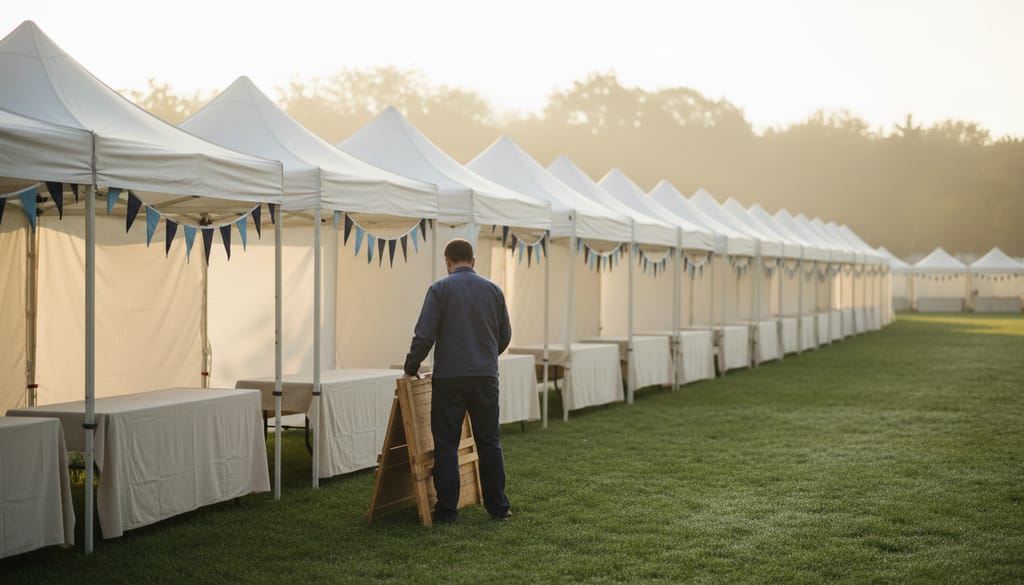 A row of white canopies over folding tables on grass before a festival opens, plain bunting, a person unfolding a table in morning light.