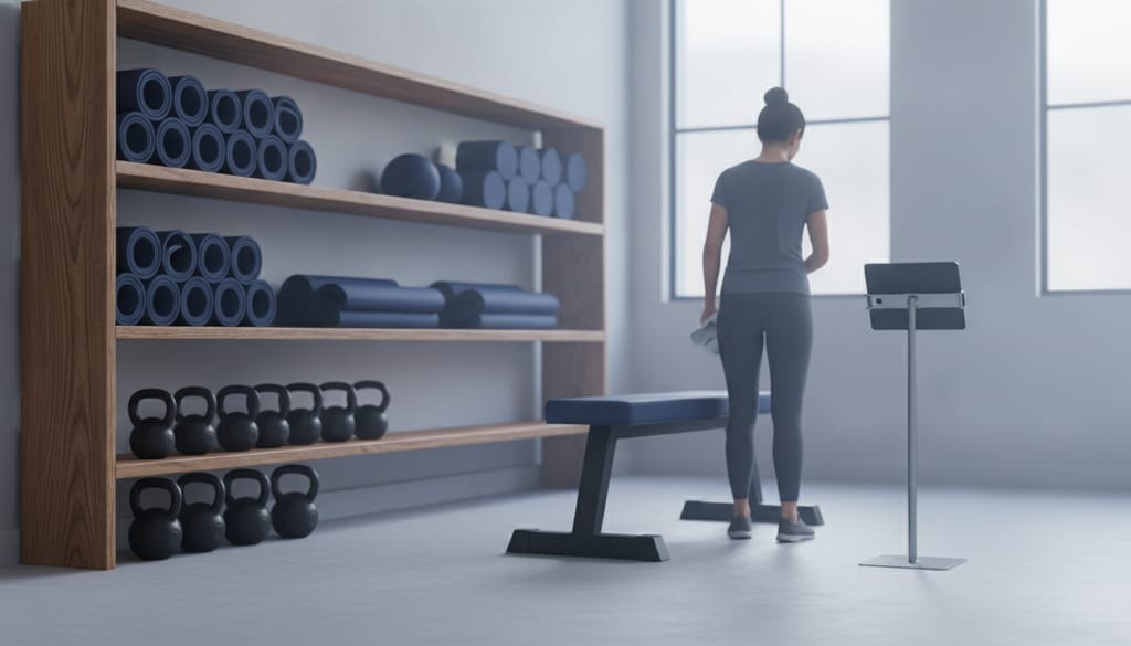 A quiet fitness studio at opening time, rolled mats and kettlebells on wooden shelves, a tablet on a stand by the window, a person wiping down a bench.