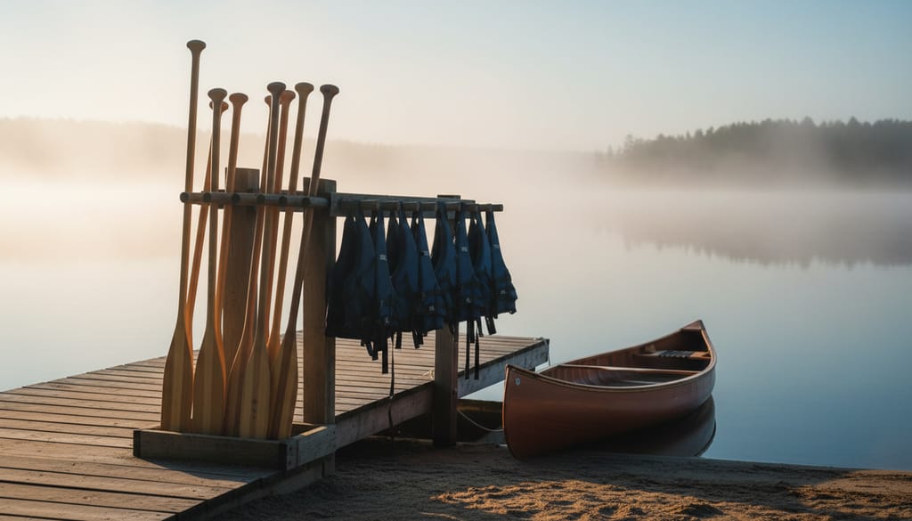 A rack of wooden paddles and a row of hung life jackets on a lakeside dock at dawn, a canoe pulled up beside it, mist on the water.