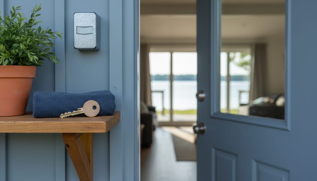 A lockbox and a wooden shelf by the open front door of a lakeside cottage, a key with a wooden fob, a folded towel and a plant on the shelf.