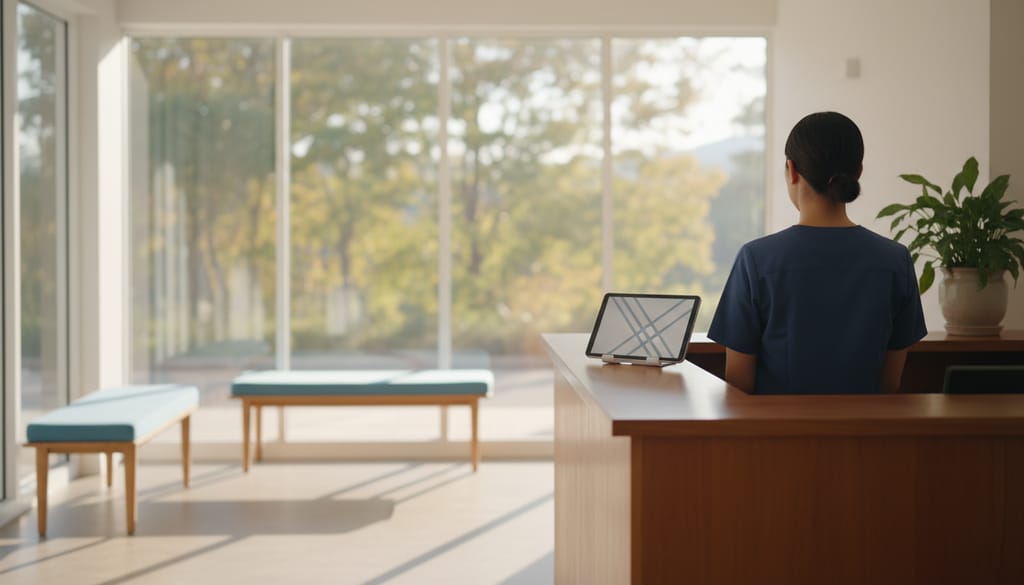 A receptionist behind a marble counter handing a tablet across to a customer, in a bright reception area with plants and soft seating.