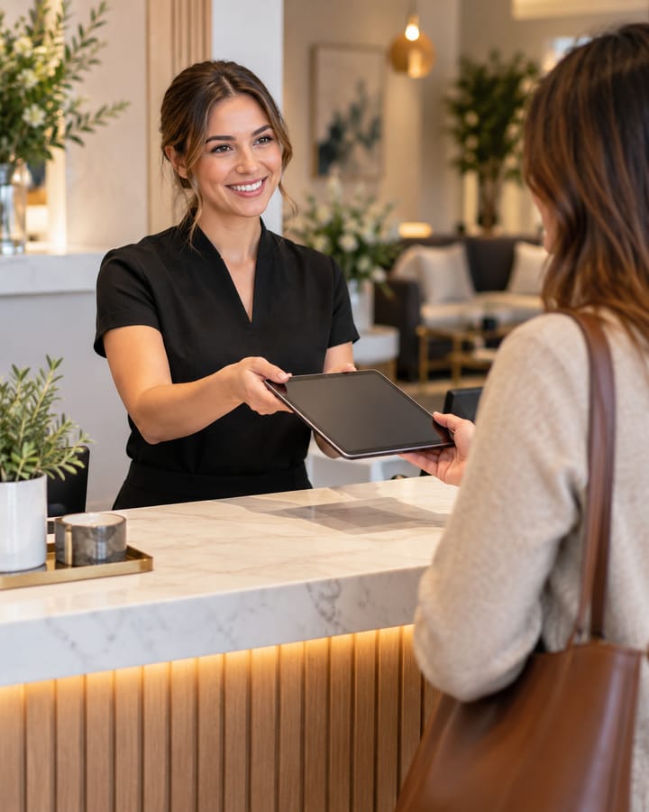 A receptionist behind a marble counter handing a tablet across to a customer, in a bright reception area with plants and soft seating.