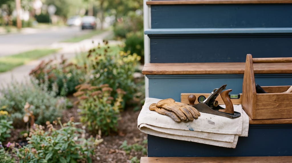 Freshly painted navy porch steps with leather work gloves, a hand plane and a spirit level on a folded canvas drop cloth beside a wooden tool tote, a front garden and street out of focus to the left.