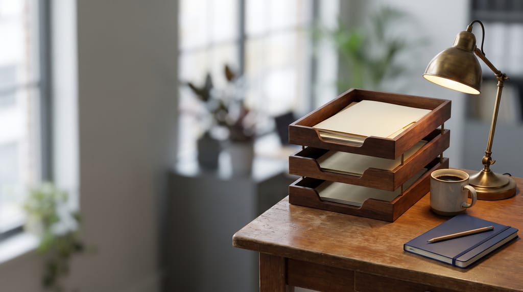 A wooden desk by a bright window with three stacked wooden in-trays holding plain cream folders, a brass desk lamp, a cup of coffee and a navy notebook with a pencil on it.