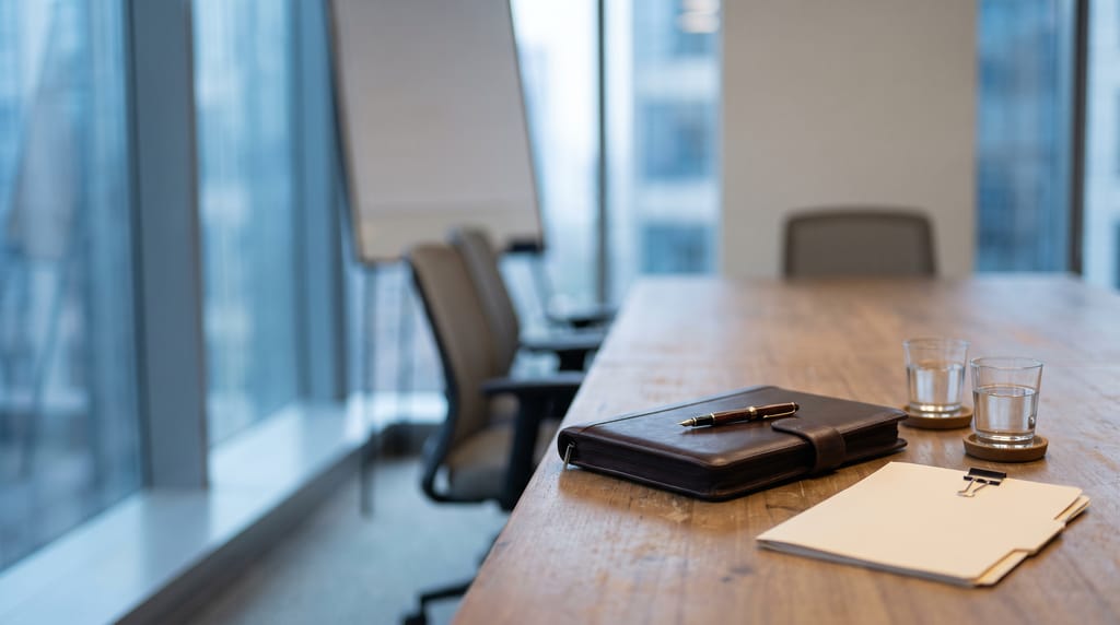 A wooden meeting-room table by tall windows after a meeting: a closed dark leather portfolio with a fountain pen resting on it, two glasses of water on cork coasters, and plain cream folders held with a black binder clip.