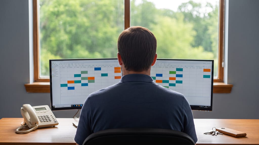 A person seen from behind at an office desk with two monitors showing calendar grids of coloured blocks, a desk phone and a set of keys with a wooden fob, trees through the window beyond.