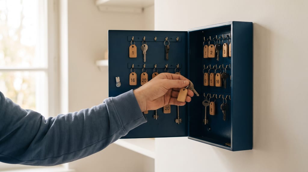 A steel key cabinet open on a plain wall showing rows of numbered hooks with keys on them and several hooks empty, a forearm reaching in to hang one.