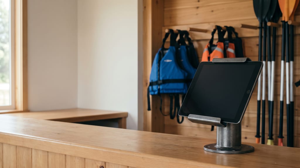 A tablet with a dark screen in a steel stand at the end of a wooden rental counter, blue and orange buoyancy aids on pegs and kayak paddles racked on the timber wall behind.