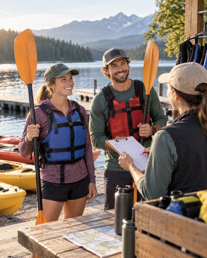 Two paddlers in buoyancy aids holding kayak paddles at a lakeside hire counter, talking to a member of staff who is holding a clipboard with a form on it. Kayaks are drawn up on the shore behind them.