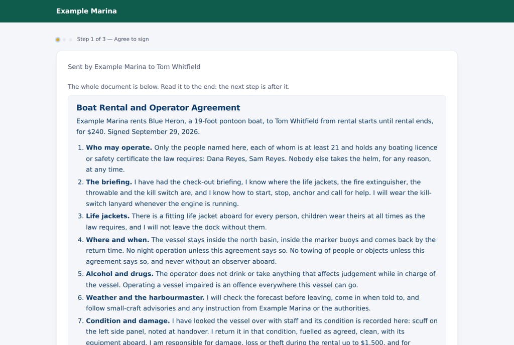 A signing page under white label: the business's own name on its own color across the top, and the boat rental agreement below.
