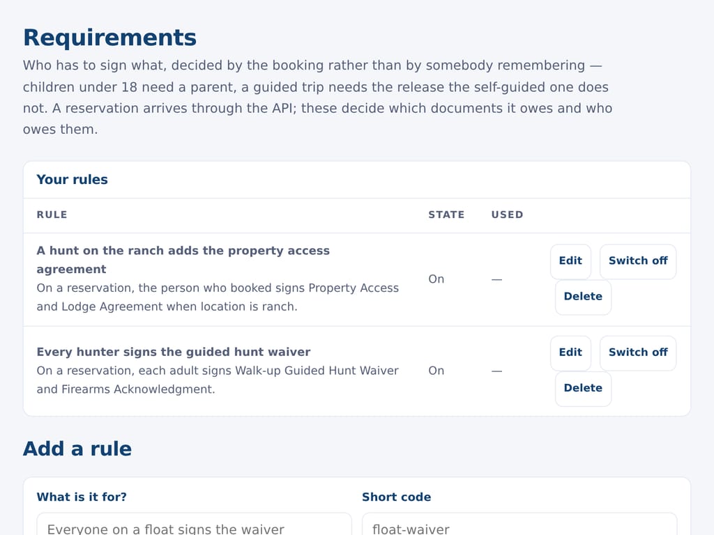 Documents for bookings: which documents each booking needs, who signs them, and a default for the rest. The business and the people named are examples.
