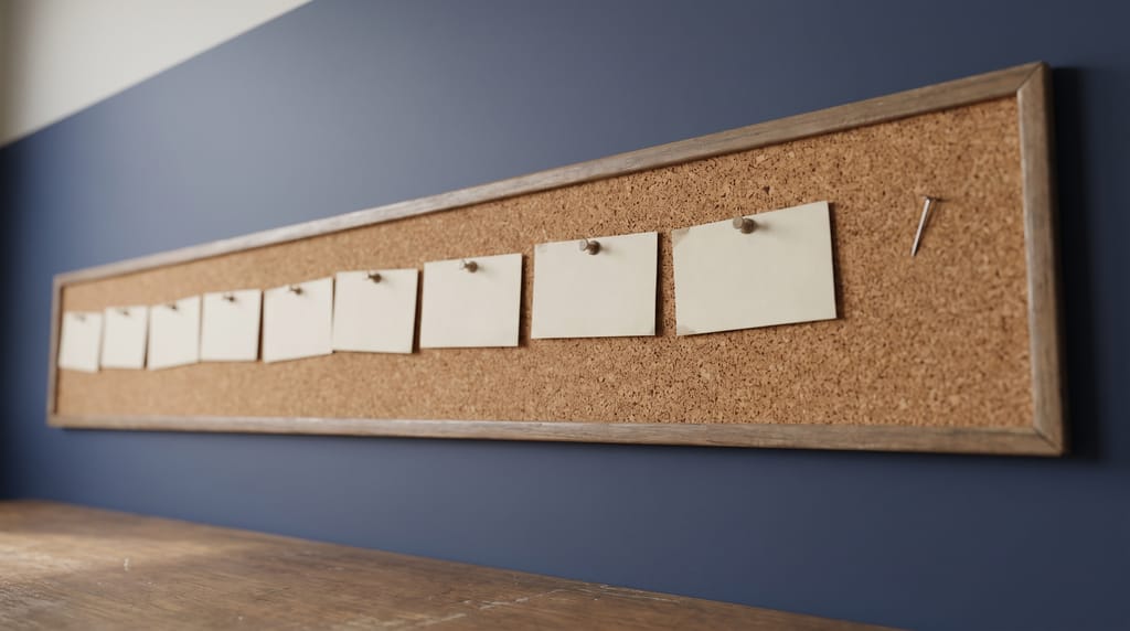 A long cork board on a navy wall with a row of blank cards pinned along it and one pin left unused.