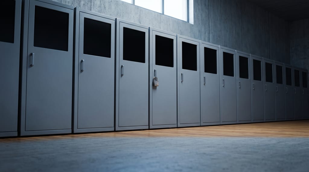 A long row of closed gray cabinets in a concrete room, one of them padlocked.